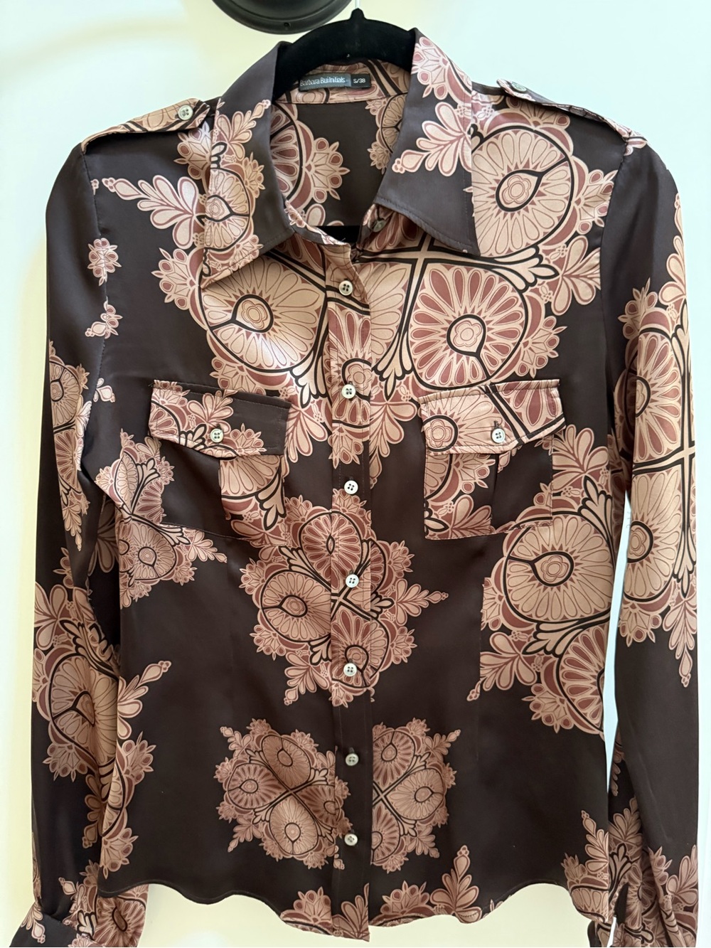 Vintage Barbara Bui Initials 100% Silk Baroque Medallion Button Down Blouse S/38